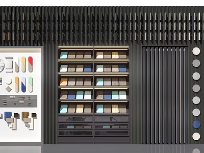 Modern Display Shelves With Organized Color Samples And Storage Containers 3d model