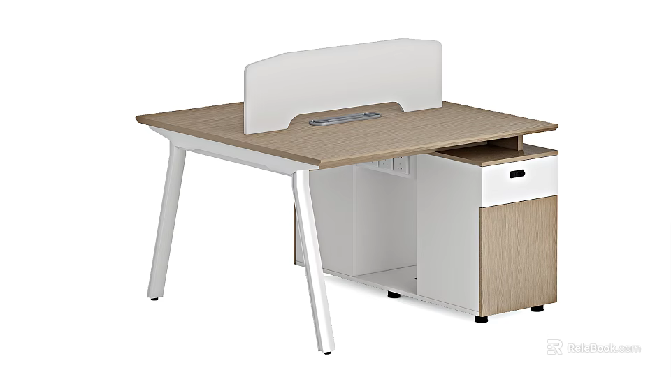 Modern Office Desk With Wooden Top White Partition And Storage Cabinet Drawer 3d model 