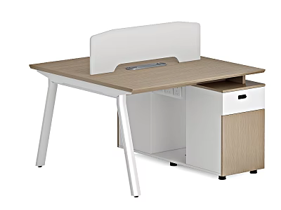 Modern Office Desk With Wooden Top White Partition And Storage Cabinet Drawer 3d model