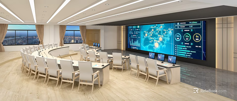 Modern Monitoring Room Interior With Large Display Screen World Map Data Visualization And Workstations 3d model