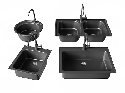 Modern Black Kitchen Sinks with Single and Double Bowl Designs and Faucets 3d model