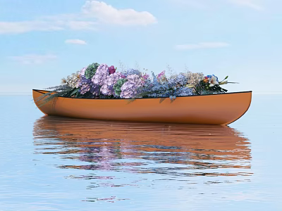 Elegant Floral Display in Orange Boat on Water with Blue Sky and White Clouds 3d model