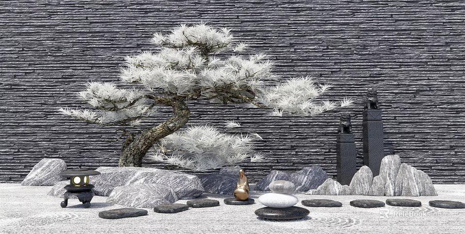 Zen Style Courtyard Garden With Gray Stone Wall White Pine Tree Decorative Stones And Lantern 3d model 