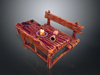 Rustic Wooden Dining Table Set With Table And Bench Candle Plate And Cup On Top 3d model
