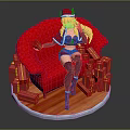 Anime Character in Santa Costume on Red Quilted Sofa With Blonde Hair And Gift Boxes