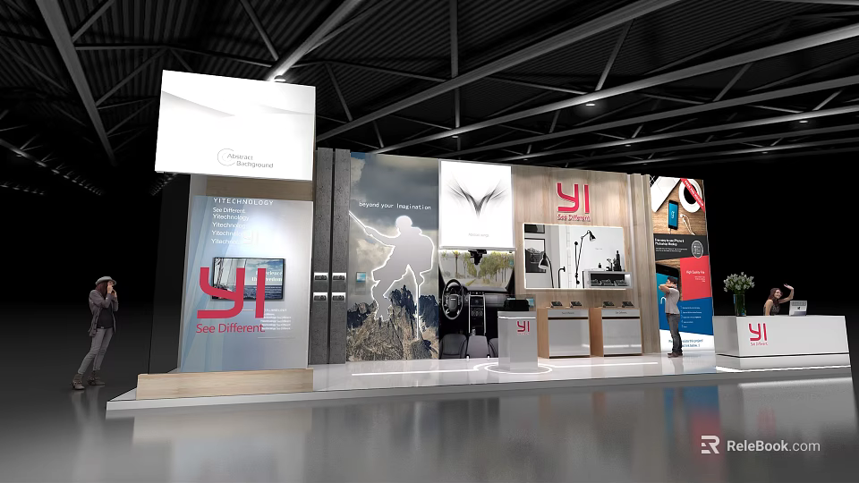 Modern Exhibition Booth With YI Logo Posters Display Cabinets And Showcased Items 3d model 