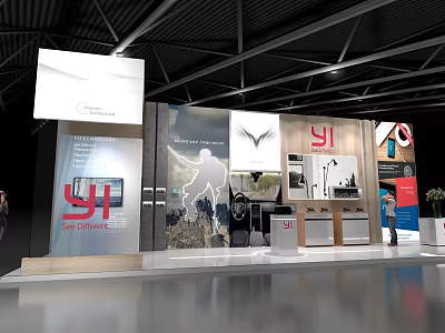 Modern Exhibition Booth With YI Logo Posters Display Cabinets And Showcased Items 3d model