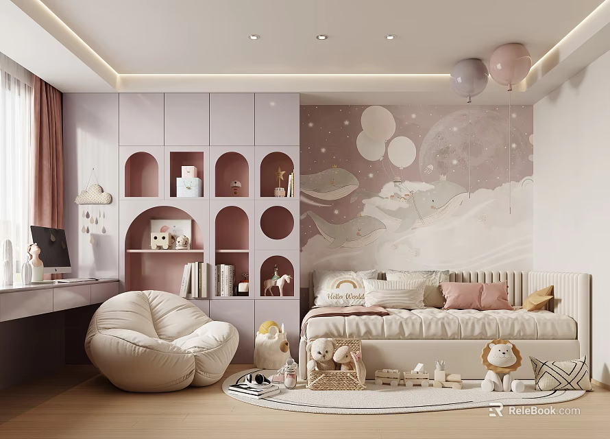 Pastel Purple Kids Room Interior With Moon Planet Mural Cloud Shaped Bookshelf And Stuffed Toys 3d model 