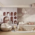 Pastel Purple Kids Room Interior With Moon Planet Mural Cloud Shaped Bookshelf And Stuffed Toys
