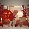 Festive Chinese New Year Decorative Scene With Red Maple Branches Round Lanterns And Traditional Screens