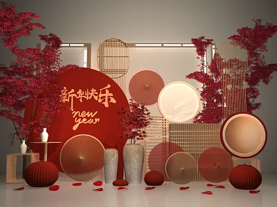 Festive Chinese New Year Decorative Scene With Red Maple Branches Round Lanterns And Traditional Screens 3d model