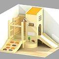 Wooden Children's Play Structure With Yellow Roof Slide Windows And Railings