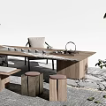 Natural Wooden Tea Table and Chairs with Stools and Green Plants in Zen Setting