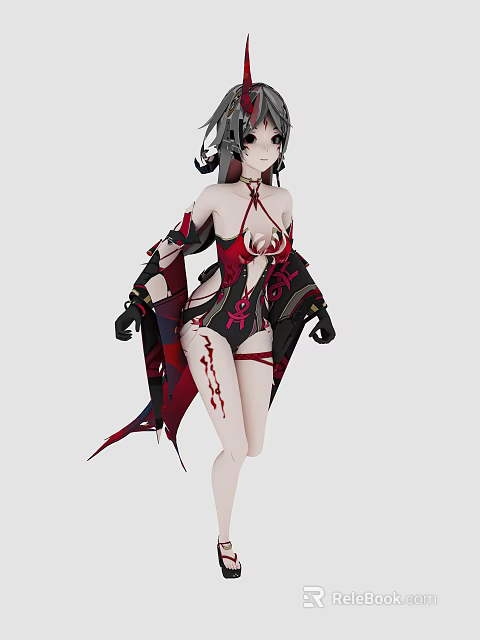Game And Movie Character In Crimson Black Attire With Intricate Hairstyle And Ornate Accessories 3d model 