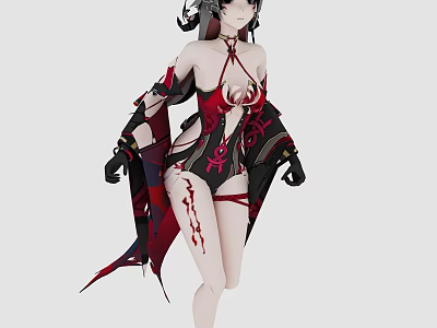 Game And Movie Character In Crimson Black Attire With Intricate Hairstyle And Ornate Accessories 3d model