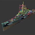 Realistic 3D Battleship Model With Blue Hull Red Bottom Radar Turret And Reflective Surface