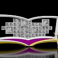 Open Book Shaped Display With Square Chinese Characters And Woman Pointing At Colorful Borders