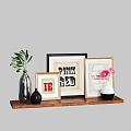 Decorative Ornaments Set With Wooden Shelf Framed Artworks Vases Pink Flower And Green Leaves