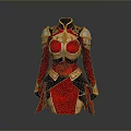 Woman Wearing Red Armor With Golden Accents And Rose Pattern Design