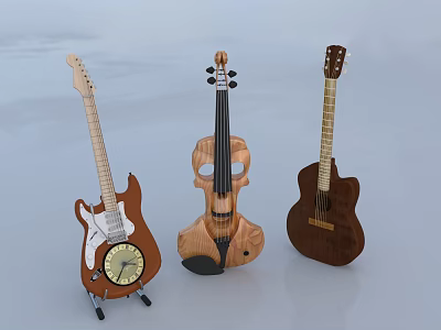 Decorative Musical Instruments Display Featuring Electric Guitar with Clock Skeleton Violin and Wooden Acoustic Guitar 3d model