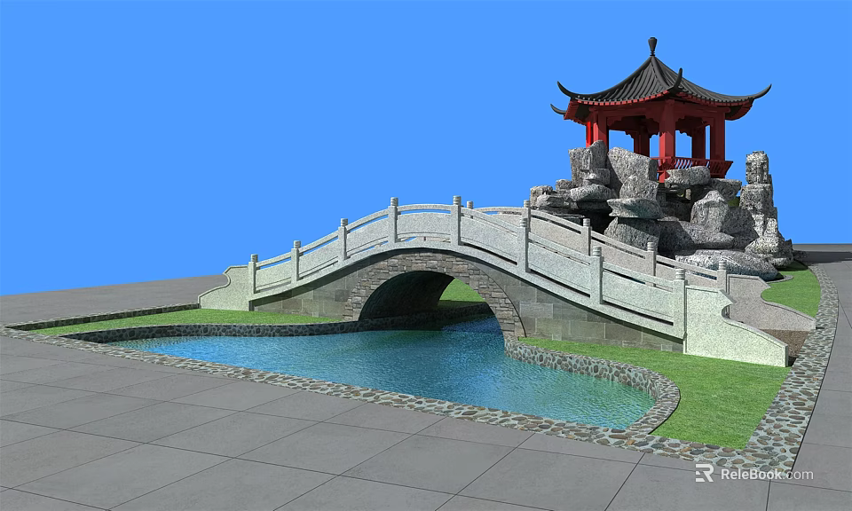 Traditional Stone Arch Landscape Bridge With Red Pavilion Pond And Green Grass 3d model 