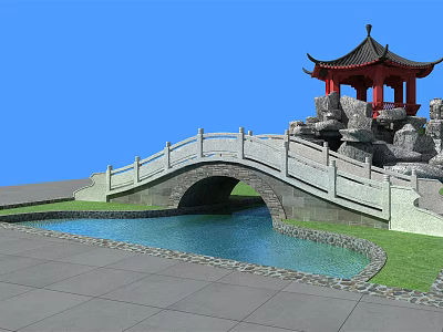 Traditional Stone Arch Landscape Bridge With Red Pavilion Pond And Green Grass 3d model