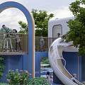 Community Garden Landscape With Blue White Building Circular Window Arched Door Large Tree Round Table
