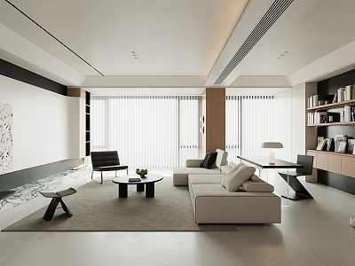 Modern Living Room With White Sofa Black Chair Coffee Table Bookshelf Floor to Ceiling Windows 3d model