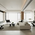 Modern Living Room With White Sofa Black Chair Coffee Table Bookshelf Floor to Ceiling Windows
