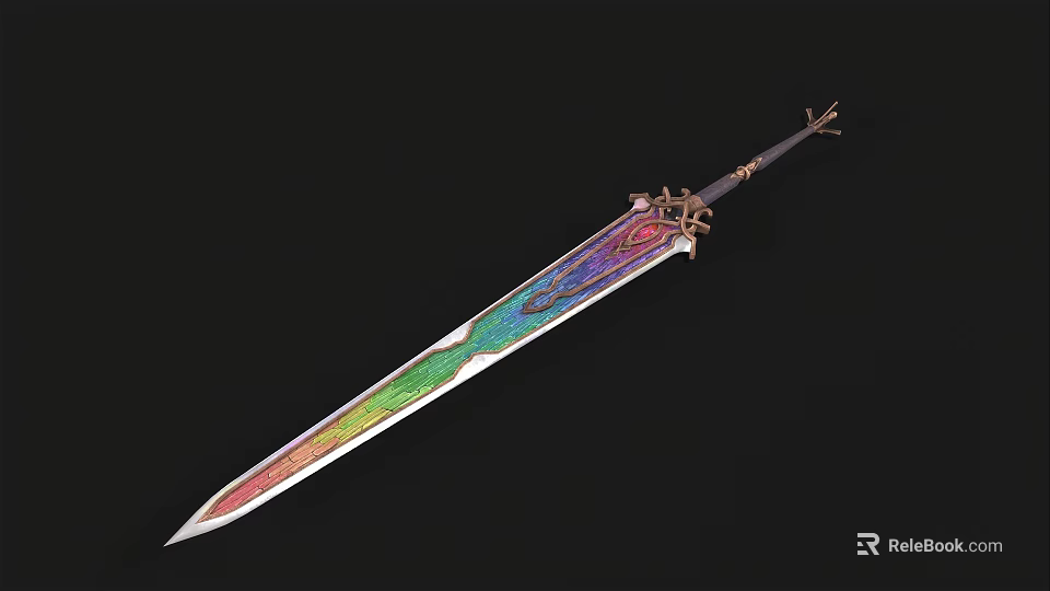 Ornate Iridescent Sword Featuring Intricate Hilt And Colorful Blade Design 3d model 