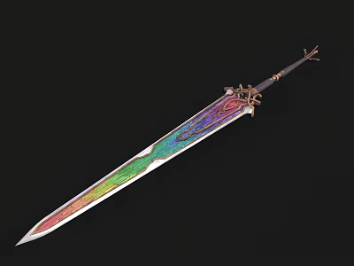 Ornate Iridescent Sword Featuring Intricate Hilt And Colorful Blade Design 3d model