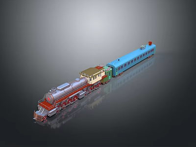 3D Model Steam Train with Silver Red Locomotive and Blue Carriages 3d model