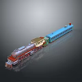 3D Model Steam Train with Silver Red Locomotive and Blue Carriages