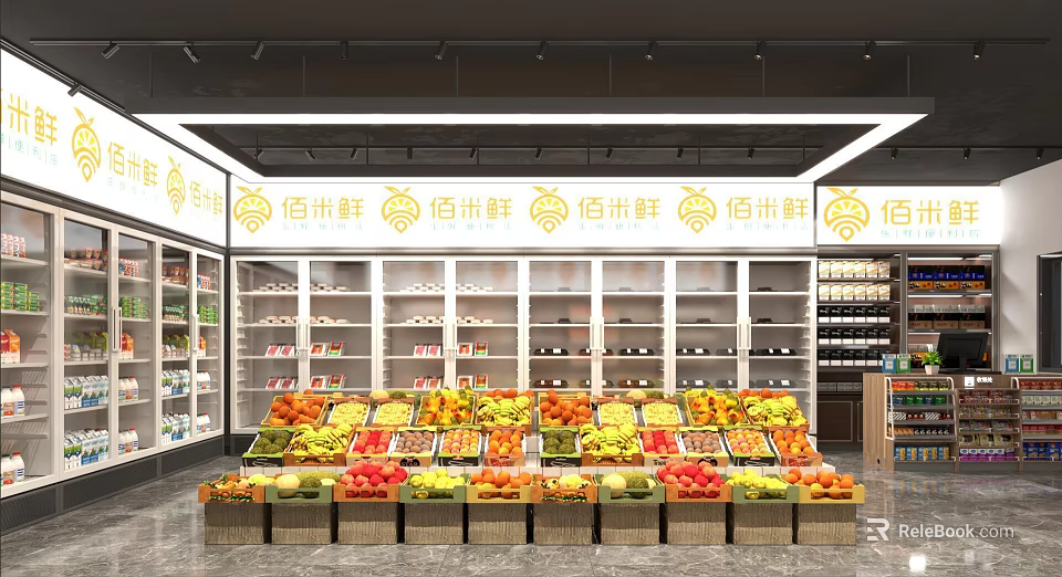 Bright Fruit Store Interior With Various Fresh Fruits And Shelves 3d model 