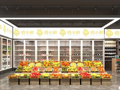 Bright Fruit Store Interior With Various Fresh Fruits And Shelves 3d model