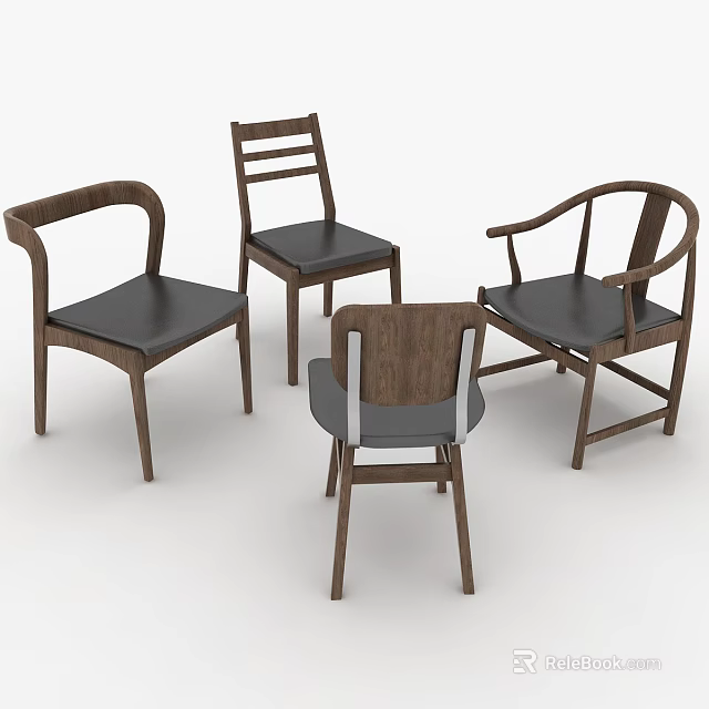 Stylish Four Different Design Modern Wooden Accent Chairs With Black Cushions 3d model 