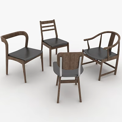 Stylish Four Different Design Modern Wooden Accent Chairs With Black Cushions 3d model