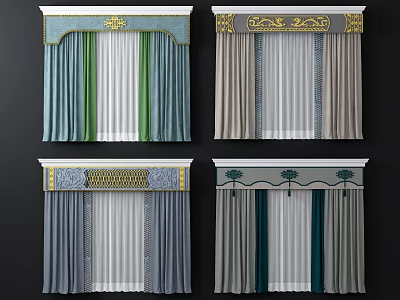 Elegant Curtains With Decorative Valance Details And Various Color Fabric Designs 3d model
