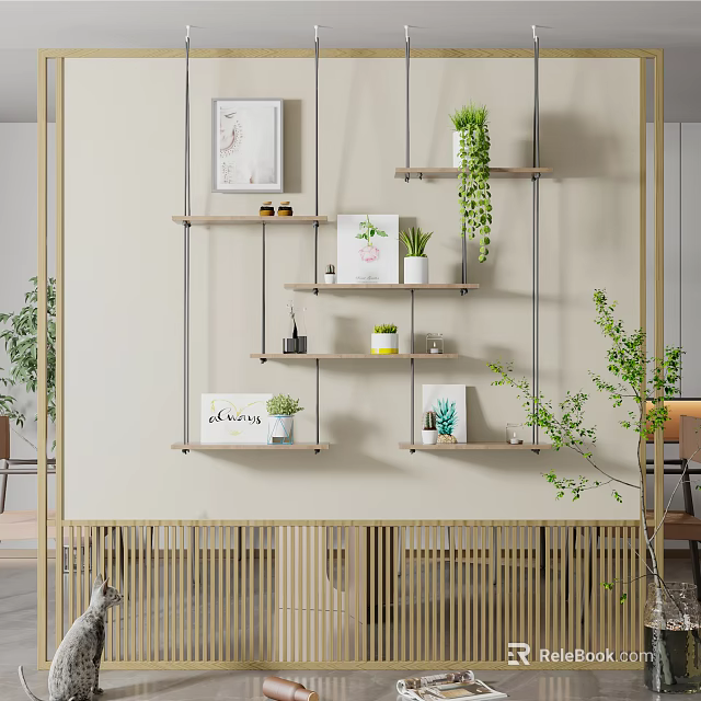 Modern Room Divider With Wooden Shelves Green Plants And Art Decorations 3d model 