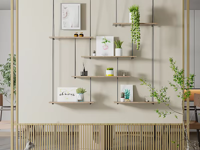 Modern Room Divider With Wooden Shelves Green Plants And Art Decorations 3d model