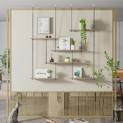 Modern Room Divider With Wooden Shelves Green Plants And Art Decorations 3d model