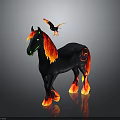 Black Horse With Flaming Mane Tail Hooves And Flying Black Bird Beside
