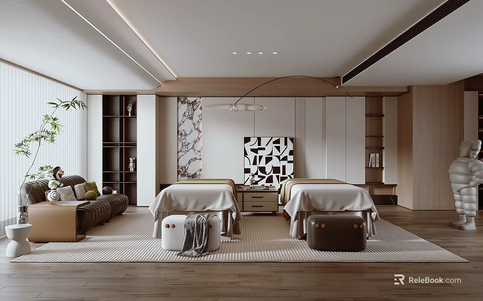 Elegant SPA Sauna Interior With Massage Beds Relaxation Area And Wooden Decor Elements 3d model 