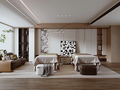 Elegant SPA Sauna Interior With Massage Beds Relaxation Area And Wooden Decor Elements 3d model