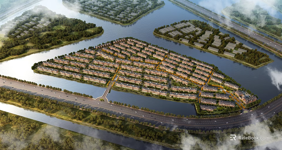 Aerial Planning of Waterfront Residential Community With Roads Green Spaces And Rivers 3d model 