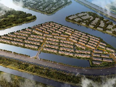 Aerial Planning of Waterfront Residential Community With Roads Green Spaces And Rivers 3d model