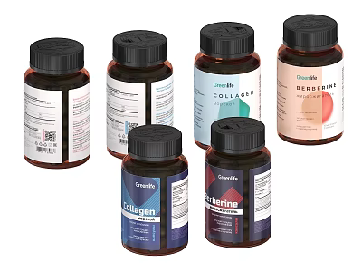 Various Food Supplement Bottles with Collagen Ginseng and Cranberry Labels 3d model