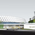 Modern Sales Office Building With Curved Glass Curtain Wall And Green Landscaping