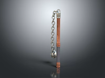 Traditional Martial Arts Nunchaku Weapon With Silver Chain And Copper Handles 3d model