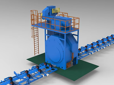 Industrial Conveyor Equipment System With Blue Main Body Orange Guardrails Ladder And Black Rollers 3d model